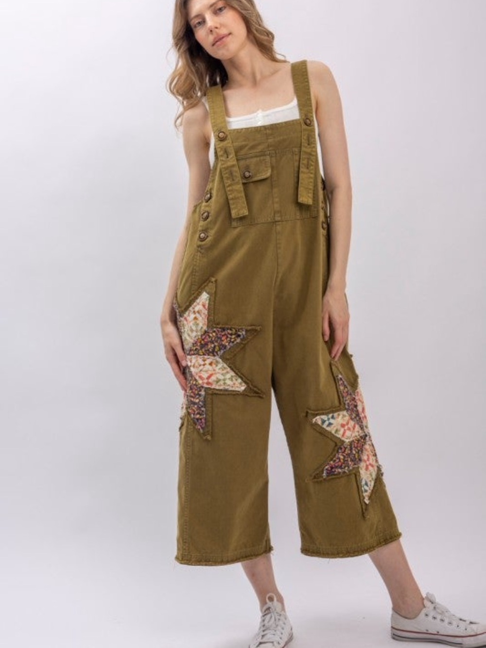 Blue Velvet - Adj Strap Bib Overalls - Olive Cropped Oversized Star Appliqué